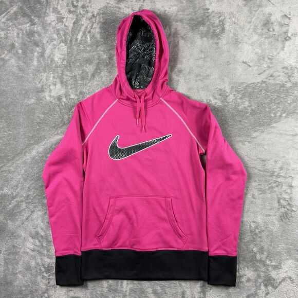 Nike Tops - Nike Therma-fit‎ Hoodie Womens Small Pink Swoosh Pullover Thumbholes Fleece